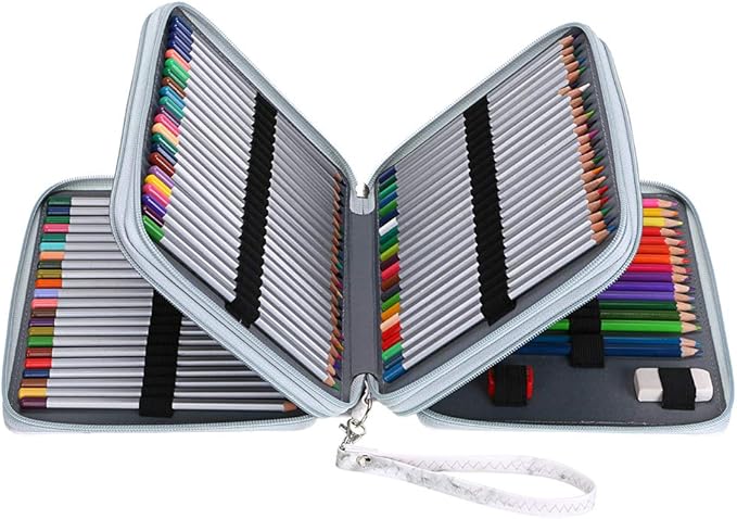 BTSKY Deluxe PU Leather Pencil Case For Colored Pencils - 120 Slot Pencil Holder with Handle Strap Handy Colored Pencil Box Large(White Marble)