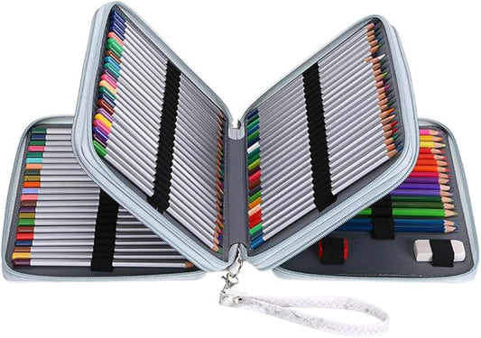 BTSKY Deluxe PU Leather Pencil Case For Colored Pencils - 120 Slot Pencil Holder with Handle Strap Handy Colored Pencil Box Large(White Marble)