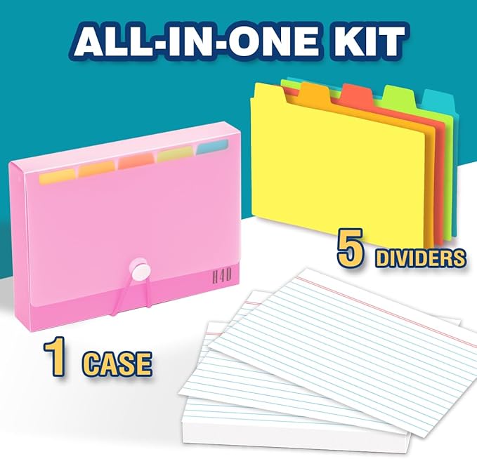 H4D 4x6 Index Card Case with 100 Heavyweight Ruled Index Cards and Dividers, Pink