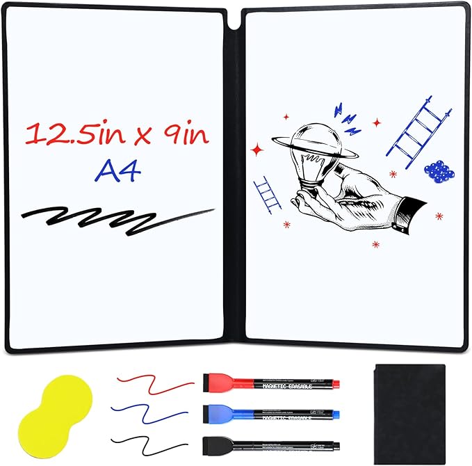 Marspark Portable Whiteboard Dry Erase Board 12.5" x 9" Large Reusable Folding Double Sided Notebook Memo with 3 Magnetic Marker Eraser Black Desk Accessories for Office School Study Meeting Planning