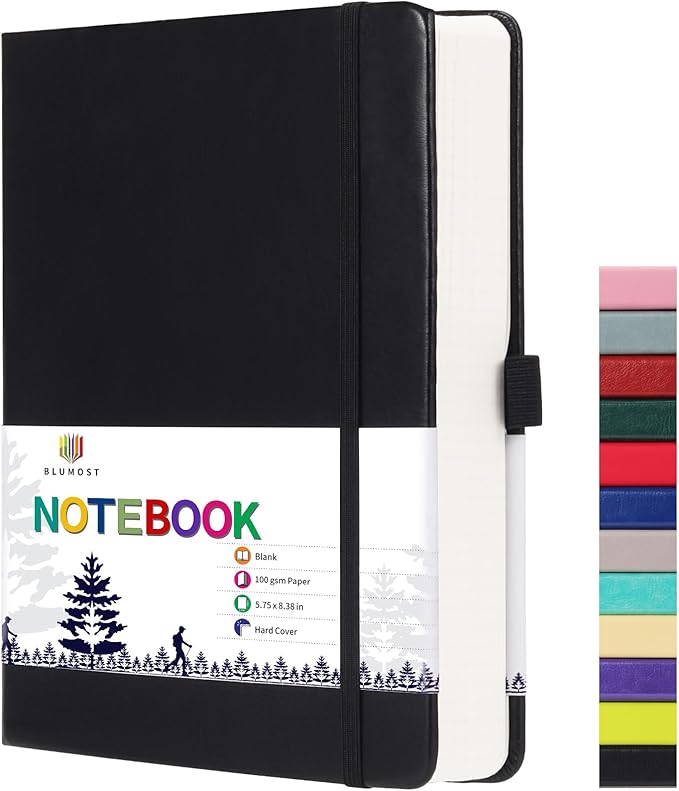 Blank Paper Notebook - 280 Pages A5 Blank Journal Notebook with 100gsm Thick Blank Paper, Hardcover, PU Leather, 5.75'' × 8.38''-Black