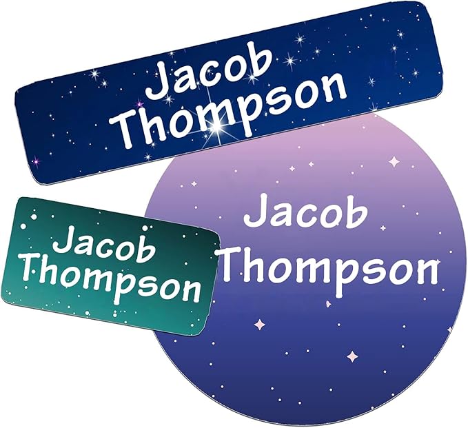 Waterproof Custom Name Stickers (135 Labels) - Personalized Daycare Labels for Clothing, Water Bottles, Lunch Boxes & School Supplies - Ideal for Camp & Daycare - No-Iron (Starry Sky)