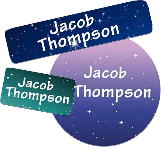 Waterproof Custom Name Stickers (135 Labels) - Personalized Daycare Labels for Clothing, Water Bottles, Lunch Boxes & School Supplies - Ideal for Camp & Daycare - No-Iron (Starry Sky)