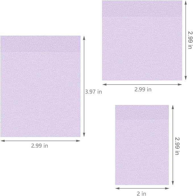 3 Pack Waterproof Sticky Notes, Transparent Sticky Notes, Glitter Sticky Notes Sets,3 Sizes: 2x2.99In,2.99x2.99In, 2.99x3.97 in for Home School Office (3, Purple)