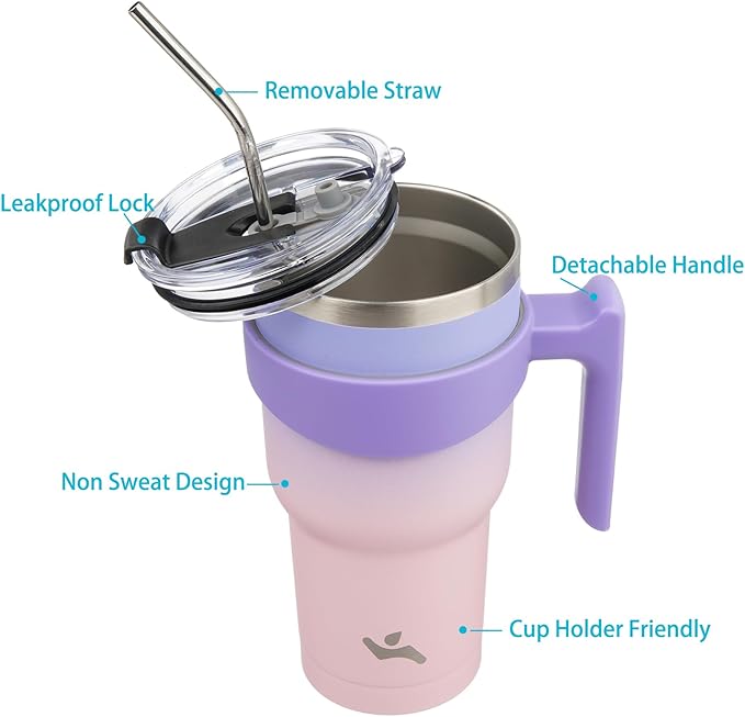 Konokyo 30 oz Tumbler with Handle and 2 Straw 2 Lid, Insulated Water Bottle Stainless Steel Vacuum Cup Reusable Travel Mug,Pastel Sunset