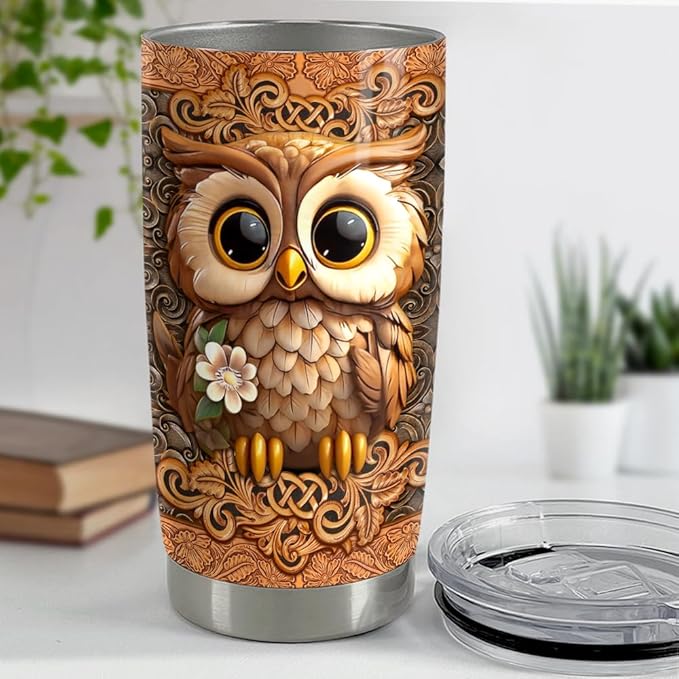 SANDJEST Owl Tumbler 20oz Owls Gifts for Women Girl Owl Wood Drawing Stainless Steel Insulated Tumblers Coffee Travel Mug Cup Gift for Birthday Christmas
