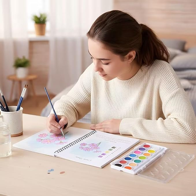 Watercolor Workbook,15 Flower Patterns of Original DIY Designs,16 Colors Watercolor Paint Set with Brush Palette,Beginner-Friendly Water Color Workbooks,Water Coloring Book for Adults