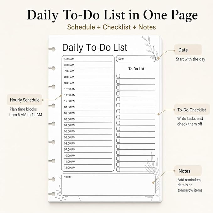 Classic 9-Disc Daily To Do List Planner Inserts, Discbound Undated Planner Refill Pages with Hourly Schedule, Checklist & Notes, 100 Double-Sided Sheets, 7 x 9.25 in