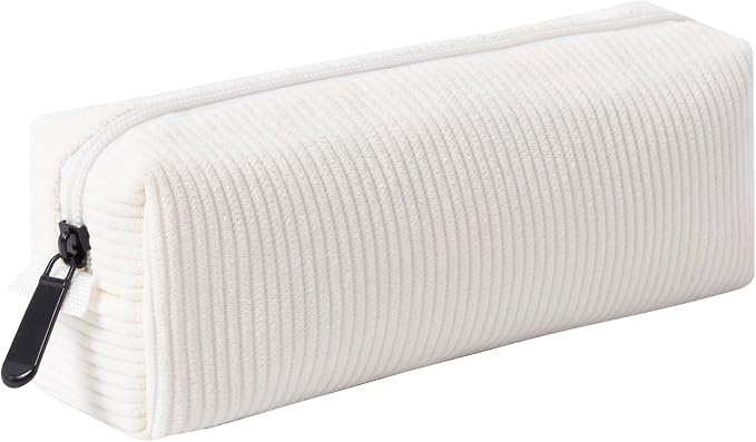 Corduroy Pencil Case for Girls Kids Large Capacity Aesthetic Pen Pouch Makeup Bag Cosmetic Organizer Cute Stationery Storage Bag for School Office Travel Minimalist Pencil Box (White)