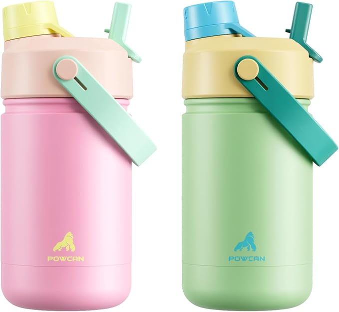 POWCAN 2 Pack 12 oz Kids Insulated Water Bottle for School: Leakproof, 2-in-1 Straw Spout Lid, BPA-Free, Keep Cold 24 Hrs, Stainless Steel Cup for Sports, Travel, Gift (Peachy Cream & Pine Sprout)