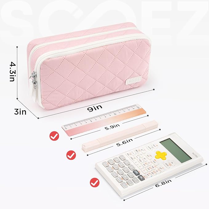 Sooez Large Pencil Case Pouch, Extra Big Pencil Bag with 8 Compartments, Pen Bag Wide Opening, Soft Quilted Pencil Pouch Organizer with Zipper, Portable Pencil Case for Teen Girls, Light Blue