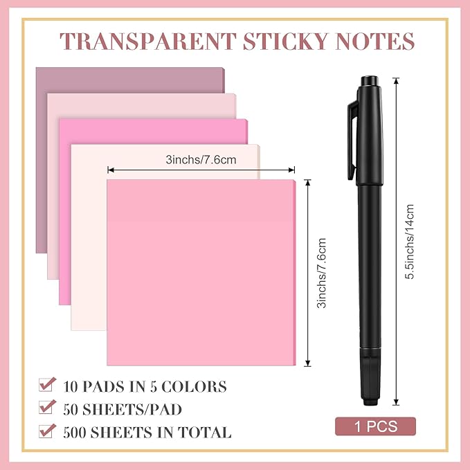 Marspark 500 Sheets Transparent Sticky Notes with Marker, 3x3 Inch See Through Sticky Notes, Self-Adhesive Translucent Clear Note Pads for Bible Journaling Memo Office School Supplies(Pink)