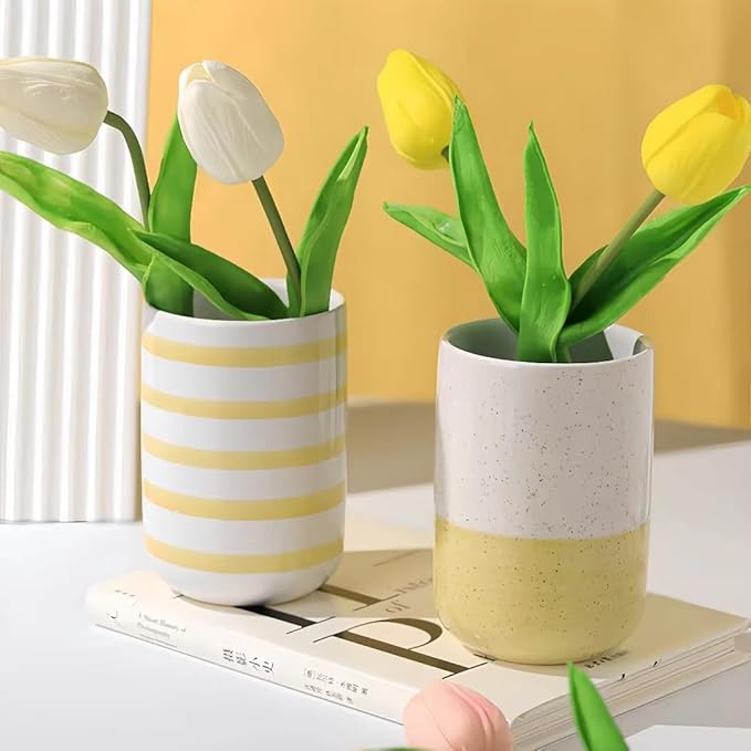 Cute Ceramic Pen Holder for Desk Office Supplies Cubicle Decor Kawaii Workspace Accessories Boho Makeup Organizer for Women Girls Pencil Cup Aesthetic Caddy for Home Office (Yellow)