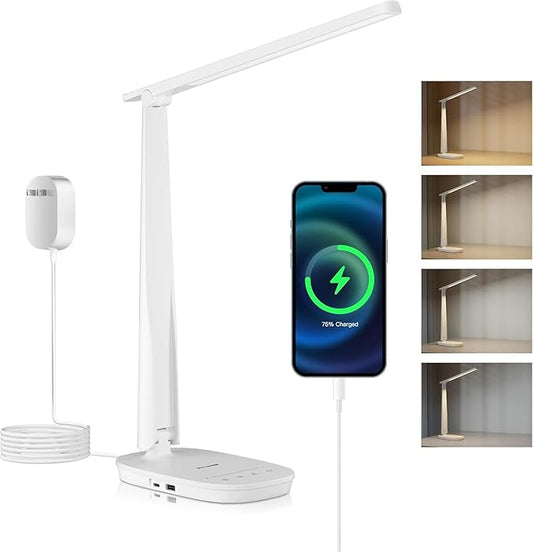 Honeywell HWT-H2 LED Desk Lamp, CRI94 Full Spectrum Eye-Caring Table Light, Foldable Dimmable 4 Color Modes with USB A+C Charging Ports for Home Office Bedroom Reading Study Work (White)