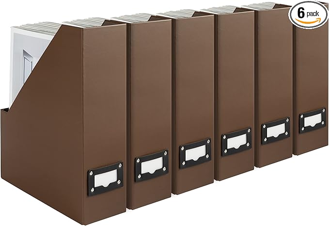 BLU MONACO | Cardboard Magazine File Holder Set of 6 | Vertical Magazine File Holder with Leather Label Slots | Standing File Holder and Cardboard Bins for Shelves Desk Office