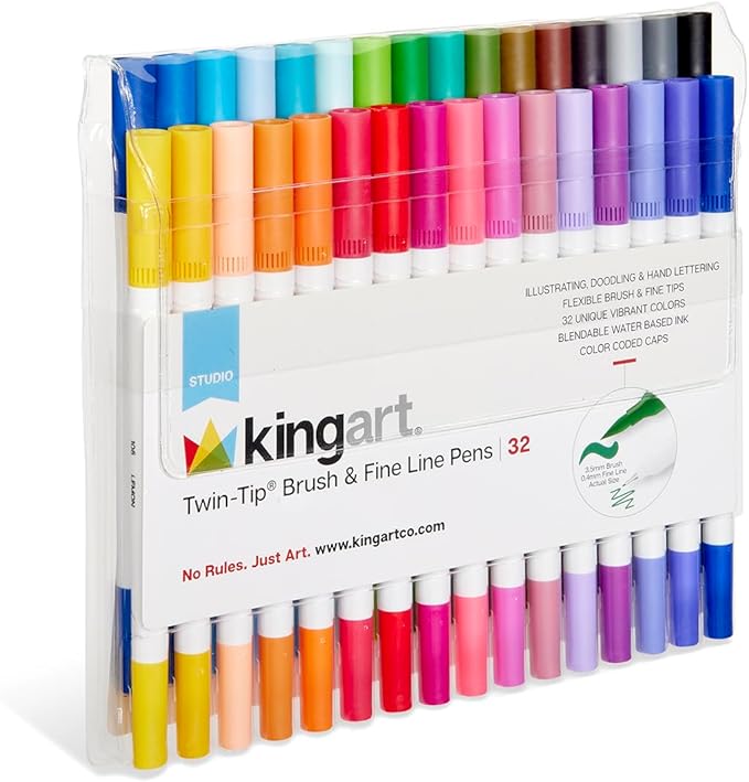 KINGART 32 Double Tip Brush Pens Art Markers, Artist Fine & Brush Pen Coloring Markers for Adult Book Cards Drawing Craft Kit Teacher Office Supplies