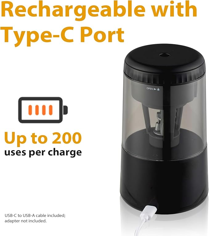 SUNZO Electric Automatic Pencil Sharpener, auto feed, hands free, electronic, rechargeable battery powered, small & portable, for colored pencil, for office & classroom (Black)
