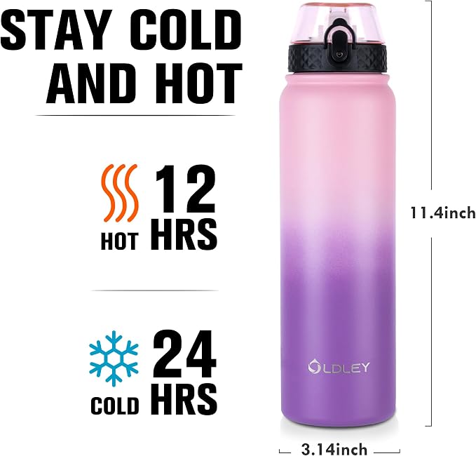 Oldley Insulated Water Bottle 32oz Water Bottles with Straw, Stainless Steel Water Bottle with 3 Lids, Double Wall Vacuum Bottles for Adult Kids, Sports Bottles for School Travel,Ombre Pink-Purple