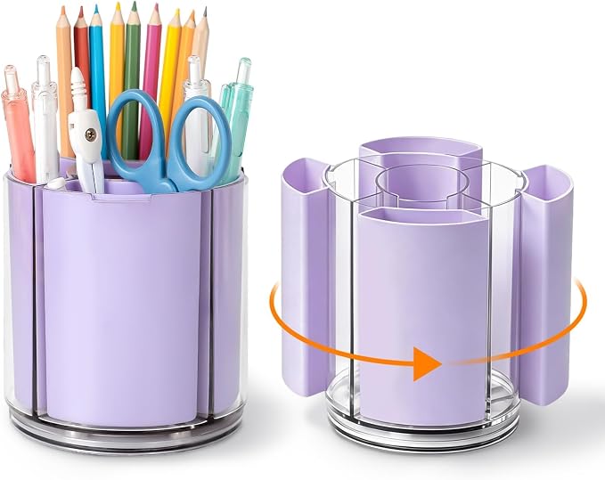 360° Rotating Pen Holder for Desk Adjustable Pencil Organizer, Purple | Plastic Pen Cup for Women Cute Office Supplies and Accessories Desktop Storage Box Art Caddy for School, Work, Home
