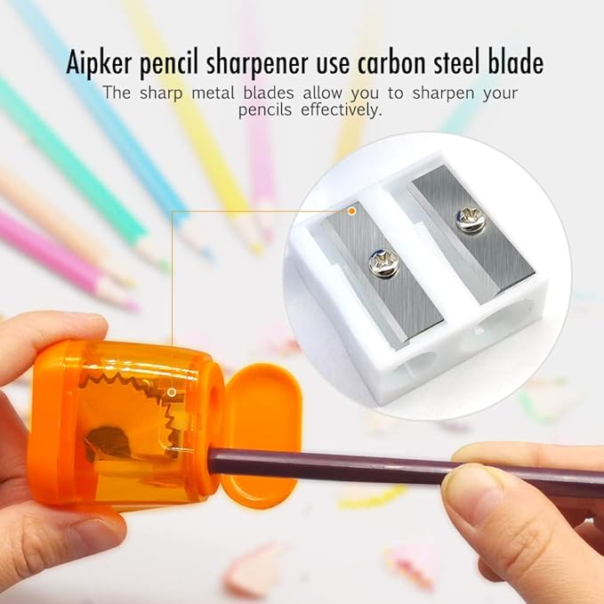 Pencil Sharpener Set (8 Pcs) – 4 Dual Hole Manual Sharpeners + 4 Pencil Top Erasers, Portable Pencil Sharpeners for Kids, Students & Teens, Colored & Jumbo Pencils, School & Classroom