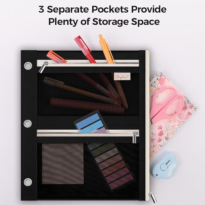 SKYDUE Large Pencil Pouch for 3 Ring Binder, 3 Pockets and Mesh Window | 11"x 9", 3 Pockets Zipper Pencil Case, Black Pencil Pouch Large Capacity Organizer for Boys Girls, Students, Kids & Teachers