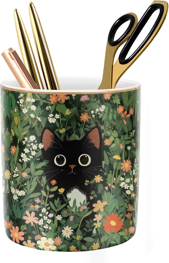 Black Cat Pen Holder for Desk Accessories, Durable Ceramic Pencil Organizer Decor for Room, Office, Classroom, Cat Lover Gifts