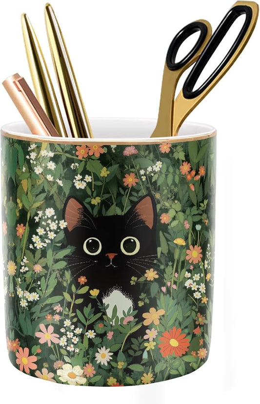 Black Cat Pen Holder for Desk Accessories, Durable Ceramic Pencil Organizer Decor for Room, Office, Classroom, Cat Lover Gifts