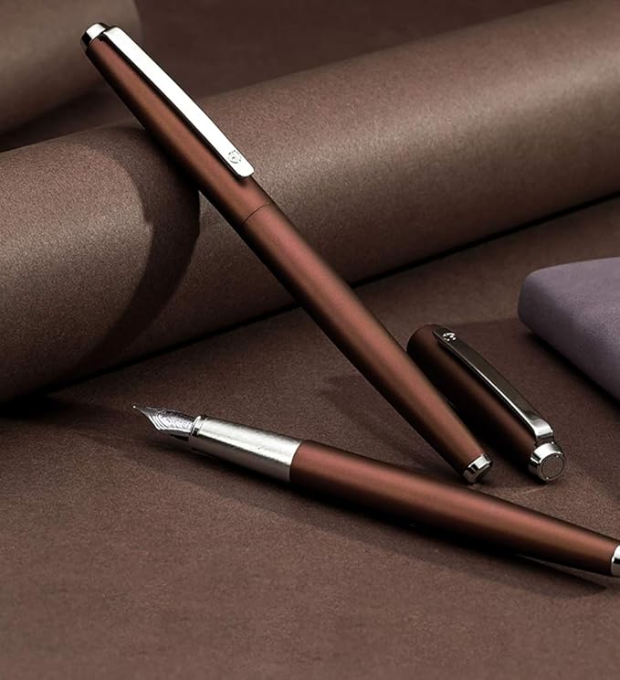 HongDian 525 Brown Metal Fountain Pen Bent Nib, Calligraphy Fude Pen 0.6mm with Converter and Metal Box Set