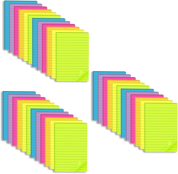 (36 Pack) Lined Sticky Notes 4x6 in,Large Notepads with Lines,Ruled Stickies Super Sticking Power,Office School Memo Note Pads Bright Colors,Post on Windows Doors,Recyclable,Easy to Write on