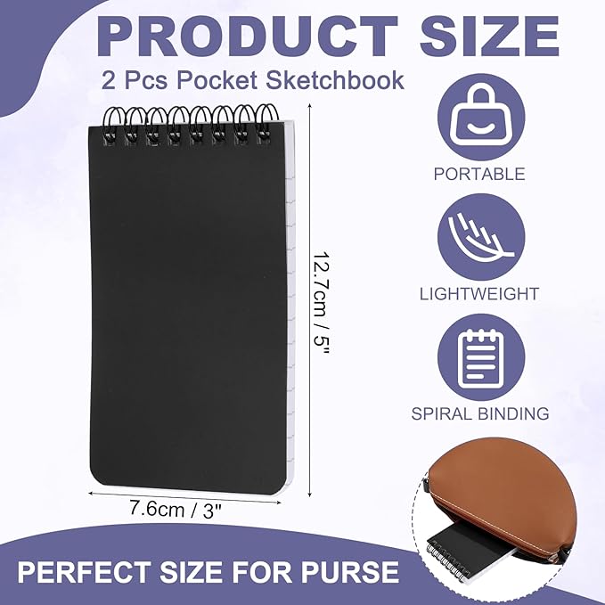 PATIKIL 3x5" Pocket Sketchbook, 2 Pcs Top Spiral Notebook Mini Lined Notebook Memo Pads 80GSM 60 Sheets/120 Pages Hard Cover Portable for Office Outdoor Travel Journal Draw, Black