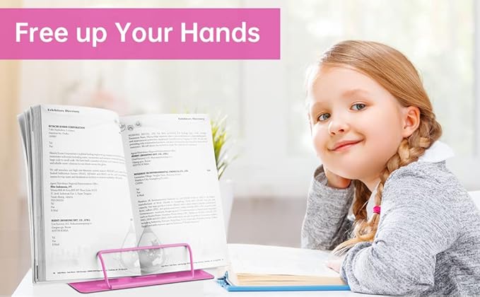 Honagu Book Stand Metal Desk Book Holder, Book Holders for Reading Hands Free, Adjustable Cookbook Documents Holder, Portable Bookstand for Music Books, Textbook, Recipe, Tablet, Ipad (Rose Red)