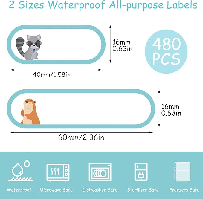 480 Pcs Baby Bottle Labels for Daycare, Waterproof Name Labels Self-Laminating, School Name Labels for Kids Name Tags Stickers(Cute Animal Style)