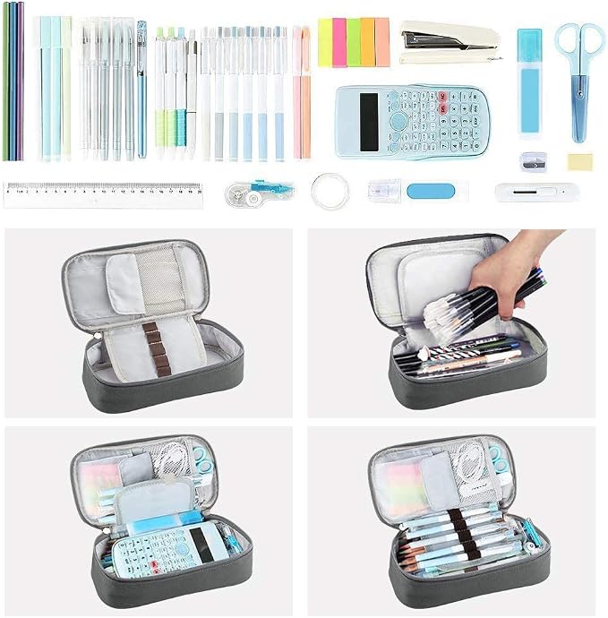 Homecube Large Capacity Pencil Case Big Pencil Bag Stationery Storage Case Pen Holder Pouch Oxford Cloth Pen Organizer with Dual Zippers for School Office - Gray