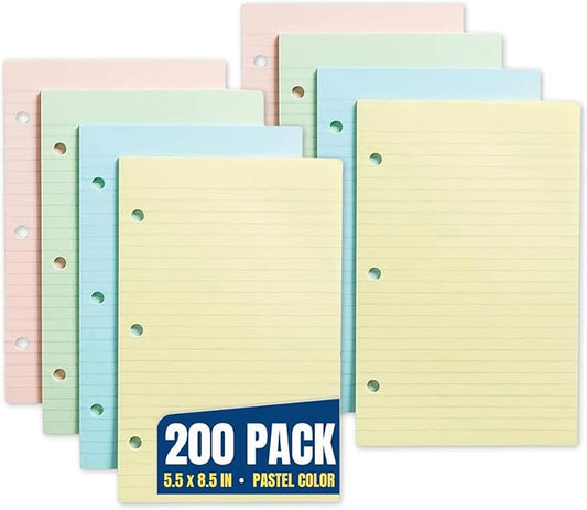 1InTheOffice 5.5 x 8.5 Paper, Pastel, College Ruled Mini Binder Paper, Loose Leaf Paper, Assorted Color, 200 Pack