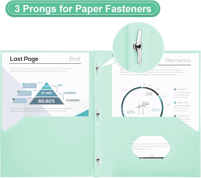 SUIN Plastic Project-Folder with 2 Pockets and 3-Prong Fasteners, for US Letter Size, Bulk Pack Color File-Folder for US Letter Size Papers, Ideal for School & Office, (Pastel Mint)