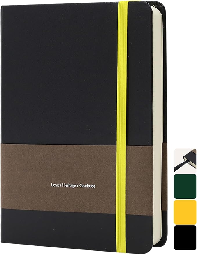 A5 Leather Hardcover Notebook - 192 Pages Thick 100GSM Paper, Dotted/Grid/Blank, with Elastic Band & Inner Pocket for Writing, Sketching, Journaling (Black)