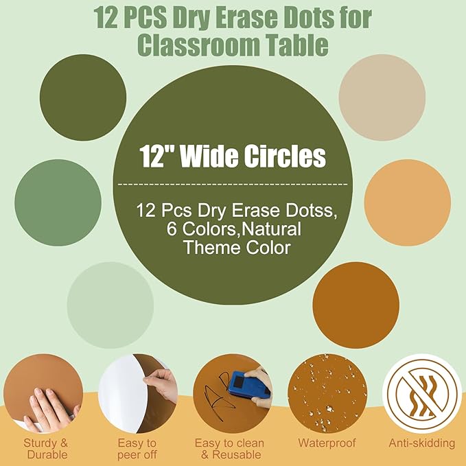 Lincia 12 Pcs 12 '' Dry Erase Dots for Classroom Table Classroom Decor Boho Colorful Stickers for Whiteboard Wall Decor Removable Dry Erase Circles for School Teacher Supplies(Nature Color)