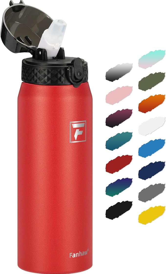 Fanhaw 24 Oz Kids Insulated Stainless Steel Water Bottle with Straw Lid, Leakproof & Anti-Dust Everyday Use Bottle for School, Women & Men, Back to School Essentials (Red)