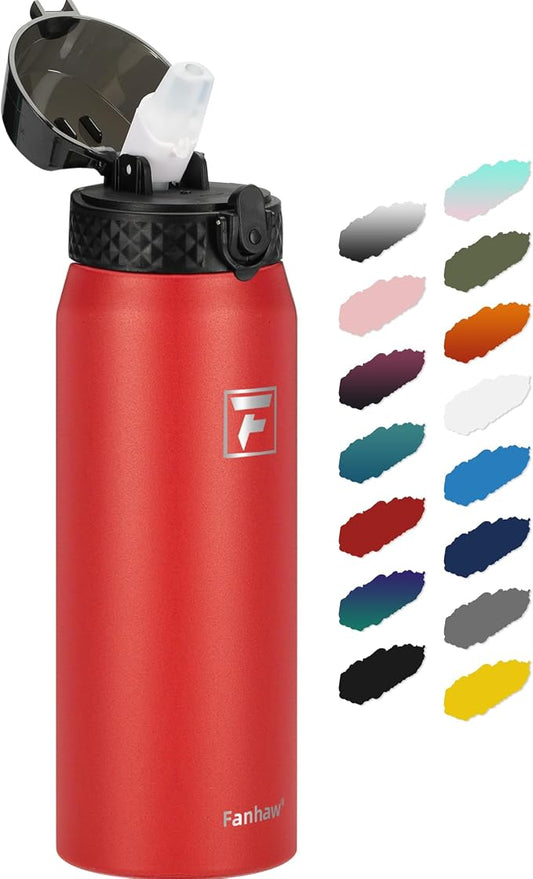 Fanhaw 24 Oz Kids Insulated Stainless Steel Water Bottle with Straw Lid, Leakproof & Anti-Dust Everyday Use Bottle for School, Women & Men, Back to School Essentials (Red)