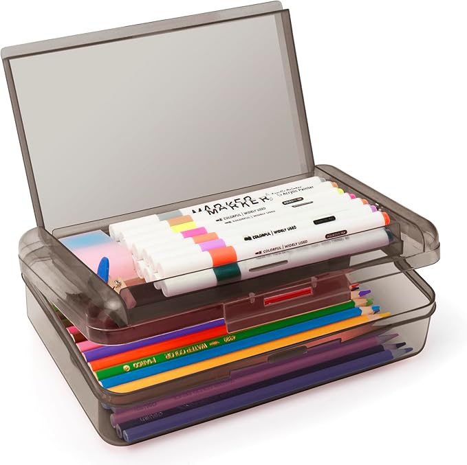 Double Layer Large Capacity Pencil Box,Plastic Translucent Pencil Box, Hard Pencil Cases with Snap-Tight Lid for Pens, Pencils, School Supplies,Office Supplies, Medium-sized,1 Pack