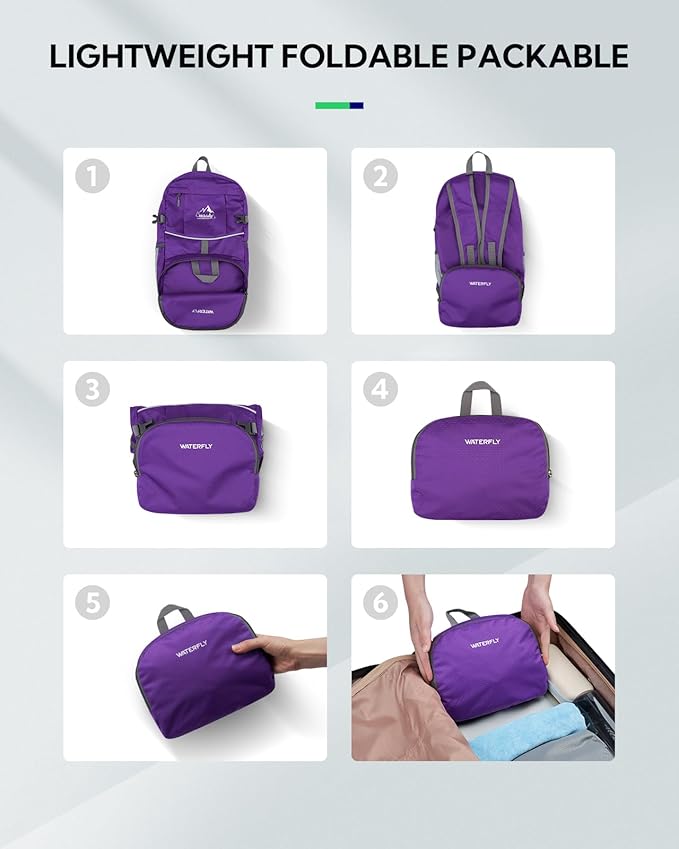 WATERFLY Hiking Packable Daypack Backpack: 25L Ultra Lightweight Day Pack for Women Men - Small Compact Folding Back Pack for Outdoor Sport Cycling Camping Travel Trip - Purple