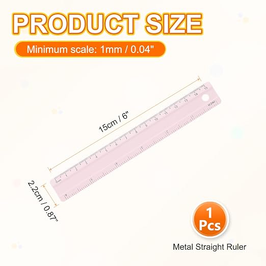 HARFINGTON Metal Straight Ruler 6 Inch(15cm) Metric Aluminum Alloy Measuring Rulers Scale Tool with Hole for Measure Study Reading Classroom Office, Light Pink