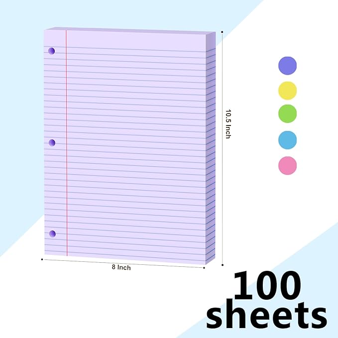 Purple Loose Leaf Paper 100 Sheets Colored Filler Paper 8 * 10.5 College Ruled Paper 3-Hole Punched Paper for 3-Ring Binders Notebook Lined 8" x 10.5"