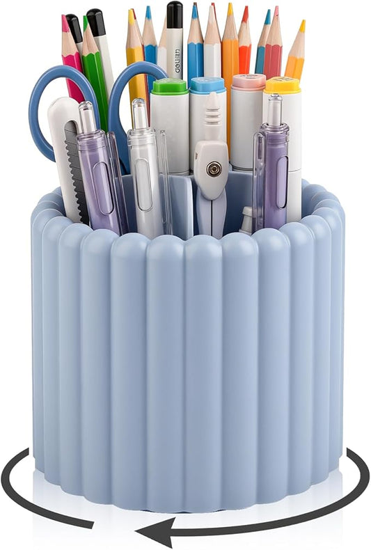Anyoifax 360° Rotating Pen Holder 7 Slots Desk Organizer Removable Pencil Cup Plastic Art Supplies and Accessories Desktop Storage Box Caddy for Office, School, Home (Blue)