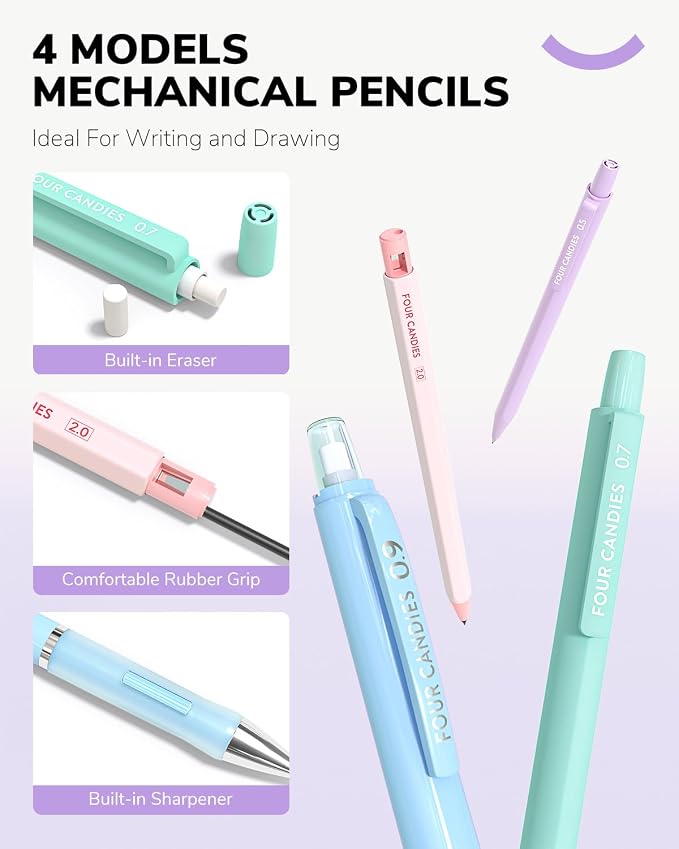 Four Candies 36PCS Mechanical Pencil Set with 624 Refills (Light Purple) | 0.5mm, 0.7mm, 0.9mm & 2.0mm Mechanical Pencils, Aesthetic School Supplies for Writing, Drawing, Drafting and Note-Taking
