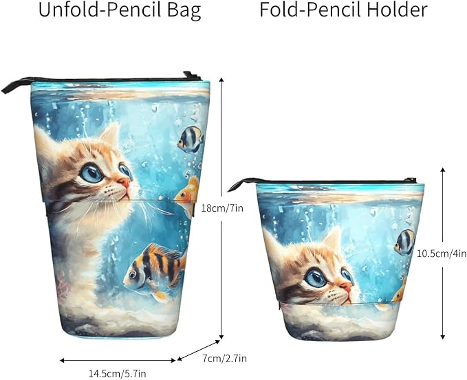Cat and Fish Kids Standing Pencil Case Girls Boys Telescopic Stationary Pouch with Zipper Large Capacity Stand up Pen Bag Portable Makeup Holder for Children School Students Office Supplies