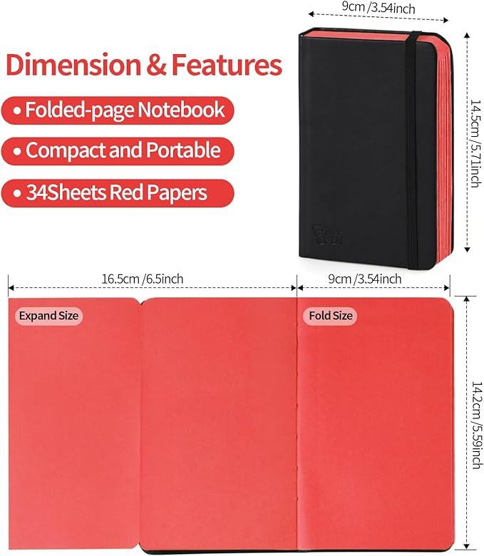 3.5x5.7inches Mixed Media Sketch Pad, 120GSM 32Sheets Folded Colored Paper Sketchbook for Drawing, Protable Hardcover Art Sketchbook for Painting, Writing, Journal.Red
