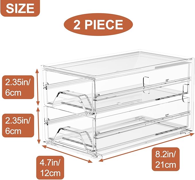 Clear Acrylic Desktop Organizer Drawers - Stackable Plastic Storage for Makeup, Craft Supplies, and Office Stationery - Transparent Vanity Cabinet & Aesthetic Desk Declutter Unit