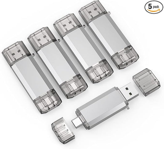 RAOYI 5 Pack 128GB USB C Flash Drive, 2 in 1 USB 3.0 Type C Dual OTG Metal Thumb Drive Jump Drive Memory Stick with Keychain Suitable for USB-C Smartphones, MacBook, Computers and Tablets (Silver)