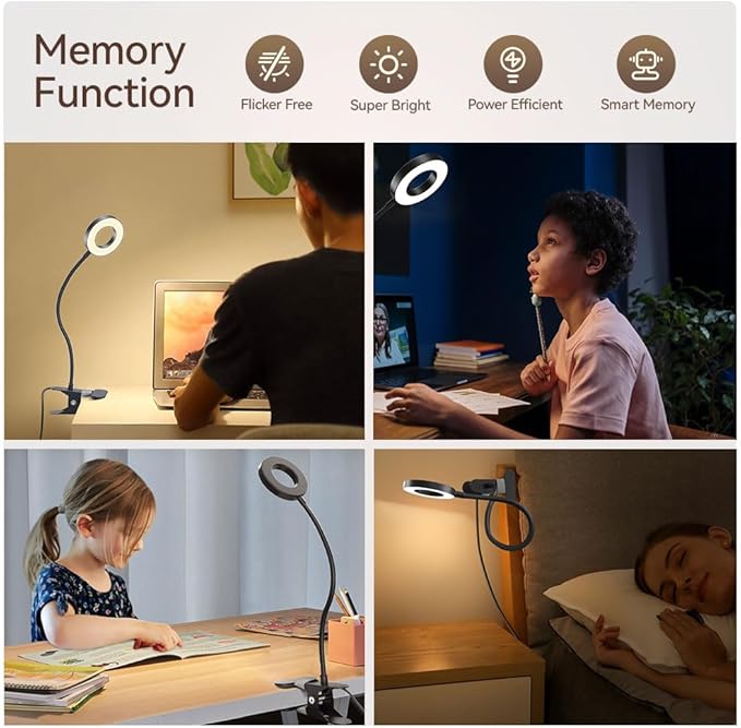 2 Pack LED Clip On Desk Lamp, 360° Adjustable Neck Eye-Caring Clamp Lamp with Memory Function, 3 Color Modes & 10 Brightness Levels for Home, Office, Dorm, Bedroom